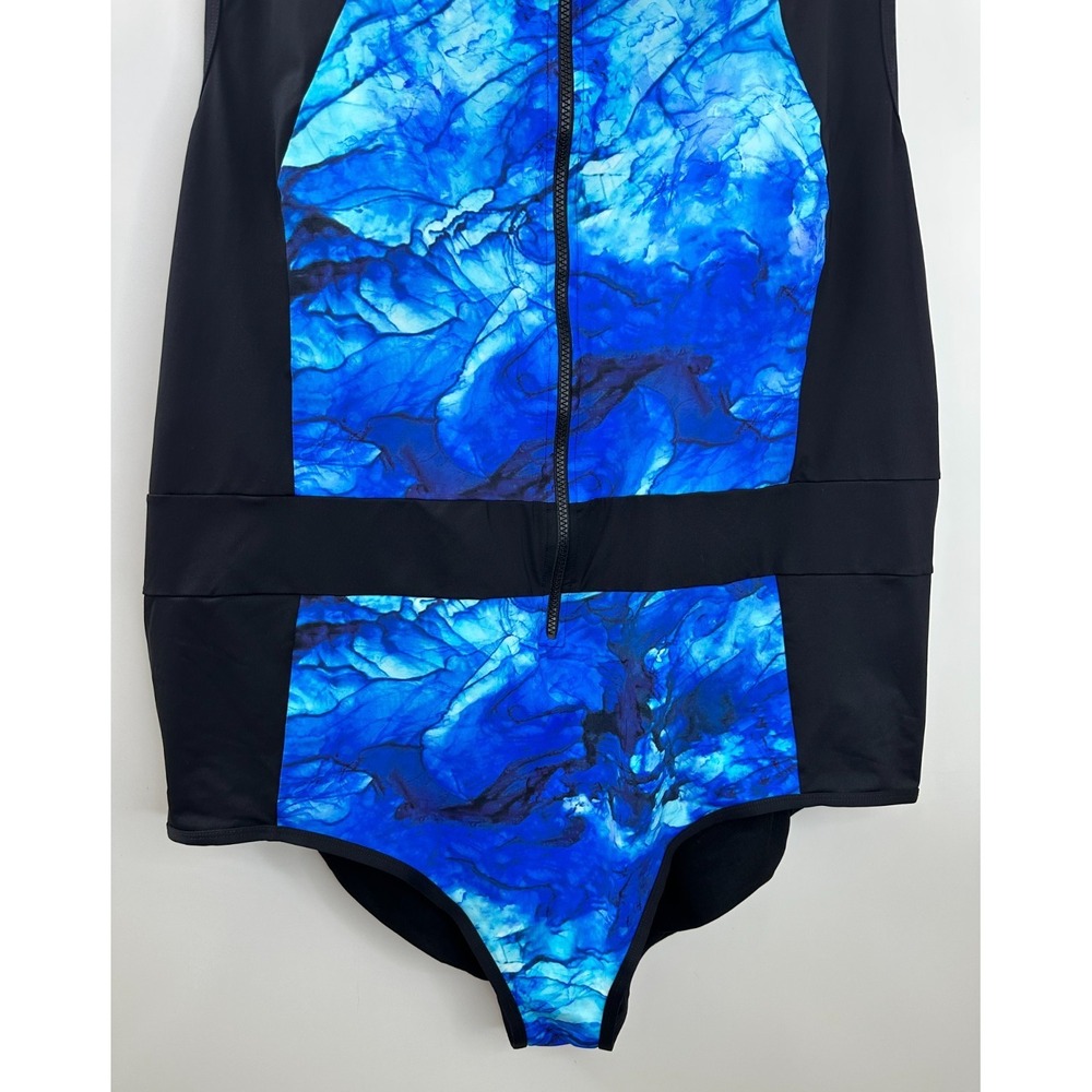 NWT Avenue One Piece Swimsuit Blue Marble Print Zip Front High Neck Plus Size 5X - Picture 3 of 11